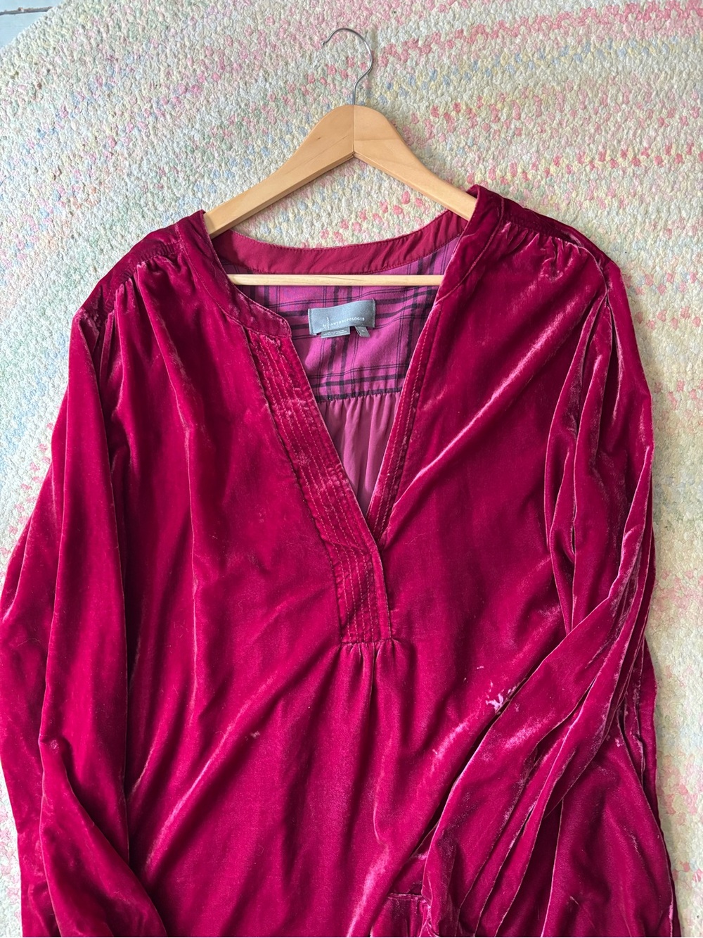 Anthropologie Velvet V-Neck Dress in Raspberry
